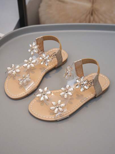 1 Pair Fashionable Sparkling & Beautiful Girl Flower Decor Rhinestone Transparent Flat Sandals, Fairy Style, Ideal For Summer Wear
