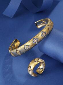 1pc Vintage Four-Leaf Flower Textured Zirconia Bracelet For Women, Luxury Minimalist Design Valentines