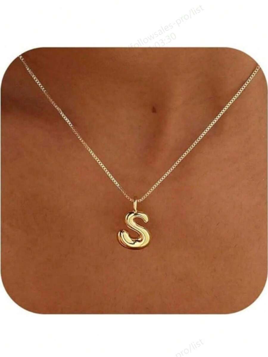 1pc Gold-Plated Bubble Letter Necklace, Personalized Jewelry Gift For Women & Girls - Gold - View 1