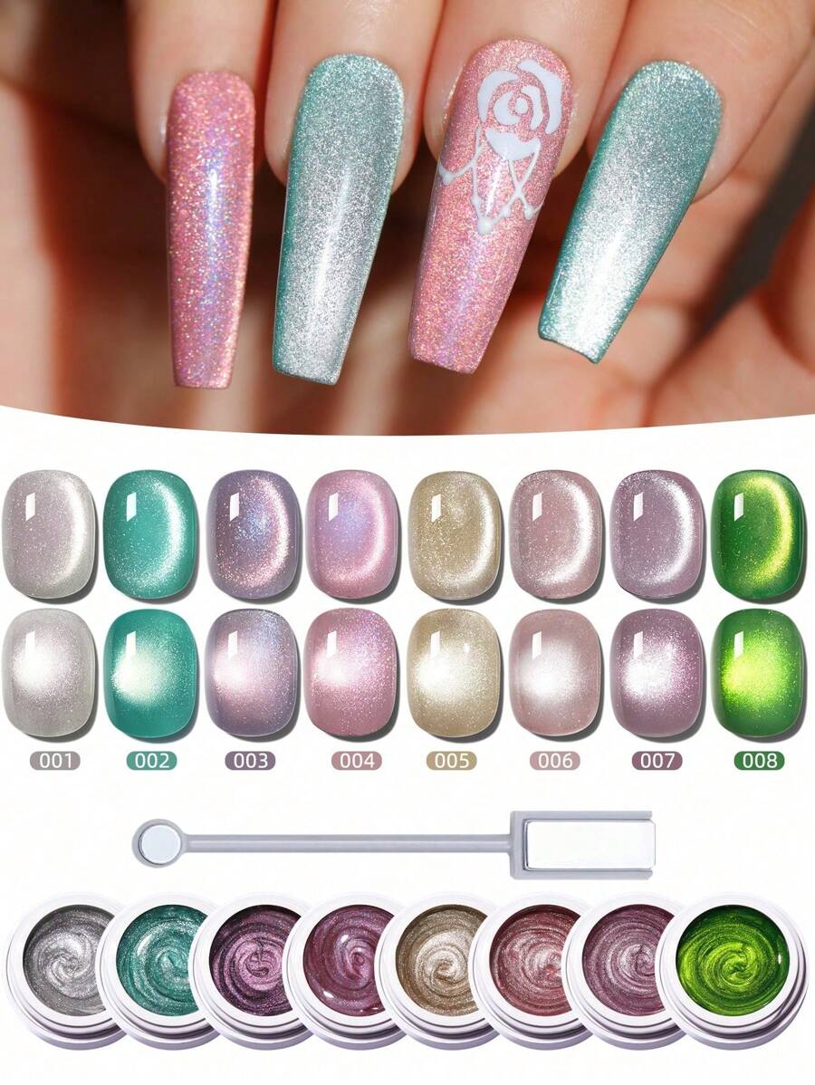 MORDDA 8PCS Lost Forest Cat's Eye, High-Density Sparkling Cat Eye Magnetic Nail Gel With Ultra-High Saturation, Glossy, For Long-Lasting Nail Art Design, Perfect For Salons Or Home Use, A Gift For Women-With Magnetick Stick Included