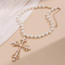 1 Stück vintage elegante Perlenkette mit Kreuzanhänger für Frauen, geeignet für Feiertage, Geburtstage, Dates, Bälle, Partys, Urlaub, Lässig ausflüge und Pendeln