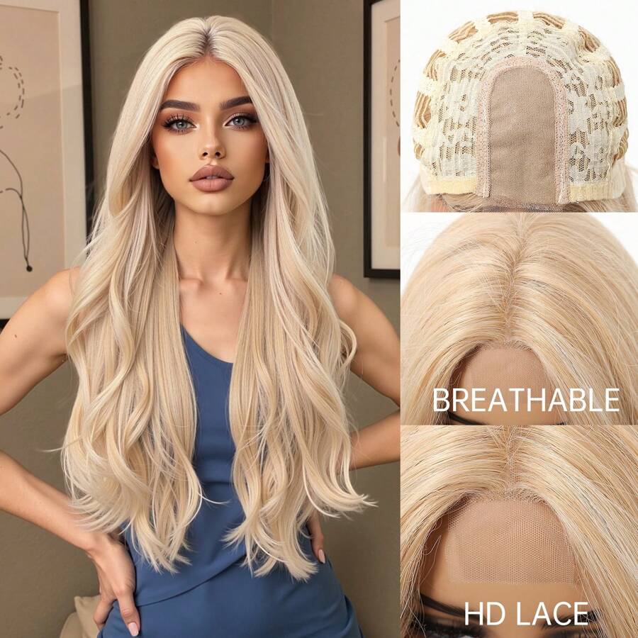 4 件套 28 英寸渐变棕色波浪蕾丝前假发，合成纤维，耐热，设计优雅 - 金色 - 查看 1