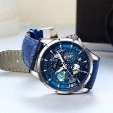 RUIG Relógio Casual Quartz Masculino RUIGE, Couro PU Multifuncional Cronógrafo, Exibição de Fase da Lua, Luz Noturna, Relógio Presente Masculino