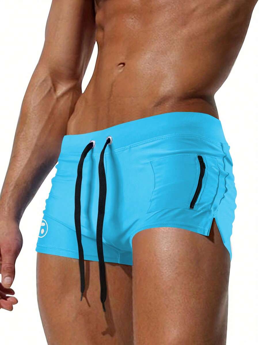 男士性感三角泳裤，前拉链口袋沙滩短裤，大码夏季泳裤 - 淺藍色 - 查看 1