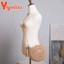 Yogodlns Round Soft Paper Rope Shoulder Bag Tassel Summer Beach Handmade Crossbody Bags Women Hollow Straw Bag Circle Rattan Bag
