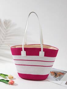 1 Set Vacation Casual Bicolor Straw Hat + 1 Straw Bag - Hot Pink - View 17