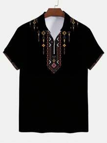 1pc Men's Fashion Casual Geometric Retro Pattern Knit Shirt, Made Of Polyester Fiber, Regular Fit, With Zipper And Slight Stretch, Suitable For Daily Outdoor Wear