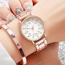 2pcs/Set Women's Watch Rose Gold Stainless Steel Round Shaped Dial Quartz Watch And Alloy Bracelet,Suitable For Daily Wear Holiday For Women Party,Holiday,Birthday Wear Or As Sisters,The Best Gift For A Lady