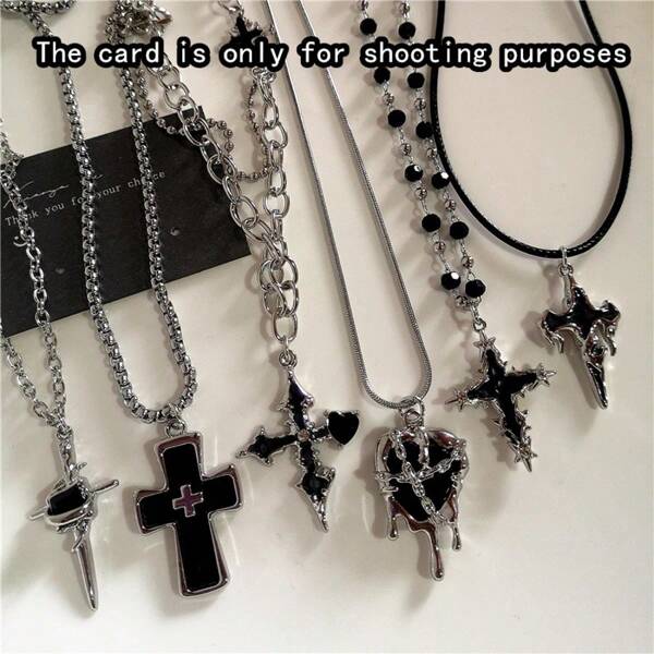 Gothic Y2K Black Cross Heart Pendant Rope Chain Necklace For Women Men Fashion Hip Hop Rave Gift Jewelry Accessories