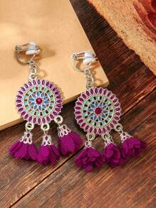 2pcs Retro Simple Exquisite Colorful Sunflower Cloth Ear Clips Bohemian Geometric Tassel Earrings For Women, Clip On Design - Clip - View 3