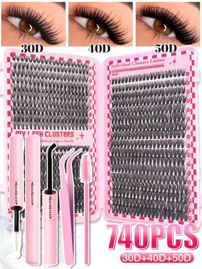 740PCS Individual Lash Clusters High Capacity 30D+40D+50D D Curl 9-16mm DIY Lash Clusters Natural Look&Extra Thick&Wispy&Ultra Soft&Super Light Reusable Individual Segmented False Eyelashes Eyelash Extension Kit With Makeup Tools Bond And Seal&Lash Tweezers&Lash Brush For Self Use At Home Or On-The-Go For Daily Life&Wedding&Dating&Party&Music Festival&Travel&Spring Day Lash Clusters Kit,Lashes,Eyelashes,Fake Lashes