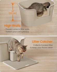 Feandrea Extra Large Cat Litter Box With Hide Sides, Includes Litter Catcher Board, Storage Box, Scoop, For Large Cats, Grey - Beige - View 5