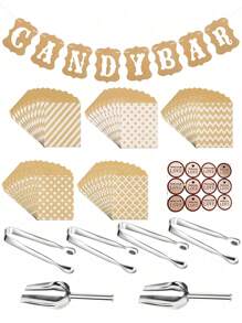 1pc Candy Bar Banner, 50pcs Kraft Paper Bags, 4pcs Clips, 2pcs Shovels, 10pcs Stickers, Suitable For Outdoor Wedding, Holiday Party, Gathering With Friends