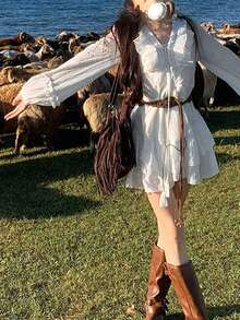 娇小女士白色长袖休闲迷你连衣裙，女孩时尚，春夏 - 白色 - 查看 3