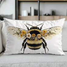 1pc Bee & Floral Single-Sided Printed Velvet Decorative Throw Pillow Case, 30*50cm