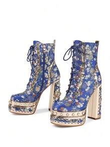 Waterproof Platform Thick Heel Elegant Faux Pearl & Rhinestone Decor Fashion Ankle Boots