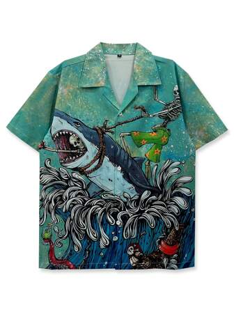 140g Four-Way Stretch Base Shirt Printed With Cute & Quirky Skull & Shark Cartoon Design
