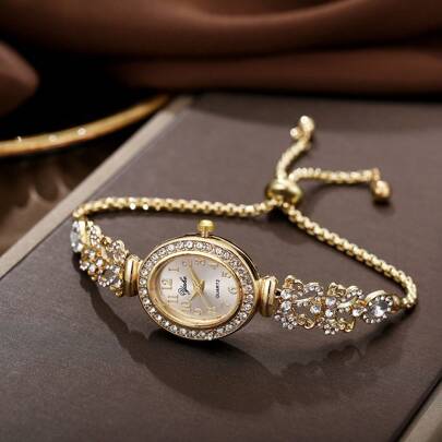 1 件女士水晶椭圆形数字表盘可调节手链手表，情人节礼物