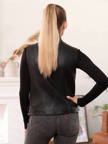 仿皮短夹克女式秋冬时尚摩托车骑行者休闲修身飞行员外套 - 黑色 - 查看 4