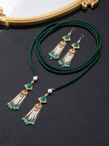 1 Set: 1 Pair Earrings And 1 Necklace, Bohemian Glass Tassel Jewelry Set, Copper Alloy Long Sweater Chain, Suitable For Daily Wear And Parties - Multicolor - View 2