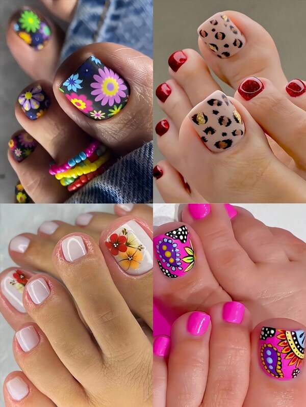 96Pcs Self-Adhesive Toe Nail Art Stickers - Summer Floral Pedicure Nail Decals With Glossy Finish - Black And Mixed Colors, Floral & Plant Patterns - Square Short Nail Shape - Removable Nail Wraps Set Toe Nails Press On Nails Nail Supplies Nails