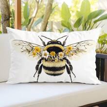 1pc Bee & Floral Single-Sided Printed Velvet Decorative Throw Pillow Case, 30*50cm