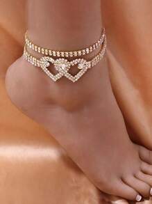 2pcs/Set Rhinestone Heart Shaped Anklet, Glamorous Women Jewelry For Daily, Wedding, Party