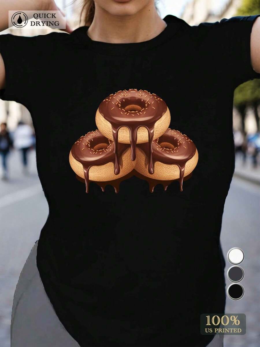 Women's Casual Crew Neck T-Shirt, Quick Drying Knit Fabric, Regular Length, With Chocolate Dripping Stacked Geometric Pattern, For All Seasons - Printing T Shirts