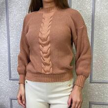 Blusa Feminina Tricot Manga Bufante Gola Redonda Trança Macia Inverno - Nude - Visão 3