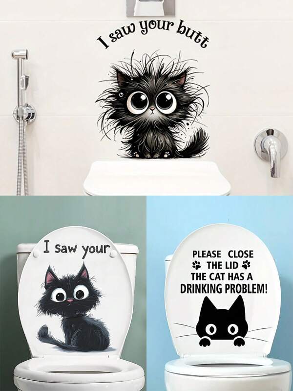 1pc Cute Style Home Decorations Fluffy Funny Cat Pattern Self-Adhesive Toilet Sticker For Bathroom, Home Decor Bedroom, Bathroom Decoration Stickers, Vinly Decal For Home Decorations, Toilet Decoration Items Refresh Your Home