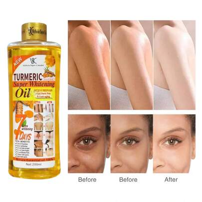 1瓶200毫升姜黄身体油，滋养柔嫩肌肤，改善腋下、大腿及瑕疵。蕴含舒缓复方精油，适用于面部、腿部、身体、背部、足部、臀部，适合所有肤质。