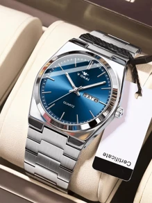 A Stylish, Fashionable, Casual, Business, Minimalist, High-End, Calendar, Stainless Steel Round Men's Watch.