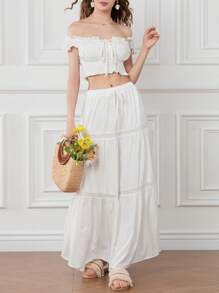 Womens Two Piece Summer Outfits Off Shoulder Frill Trim Crop Tops And Long Skirt Set Beachwear