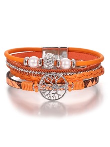 1pc Life Tree Pearl & Orange Leather Bracelet, Mother's Day Gift For Women