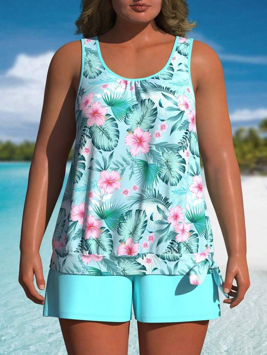 大码女式比基尼套装背心和短裤天蓝色花卉印花