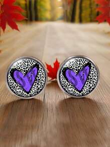 1 par de aretes tipo botón con estampado de leopardo y forma de corazón, de acero inoxidable, como regalo para el Día de la Madre