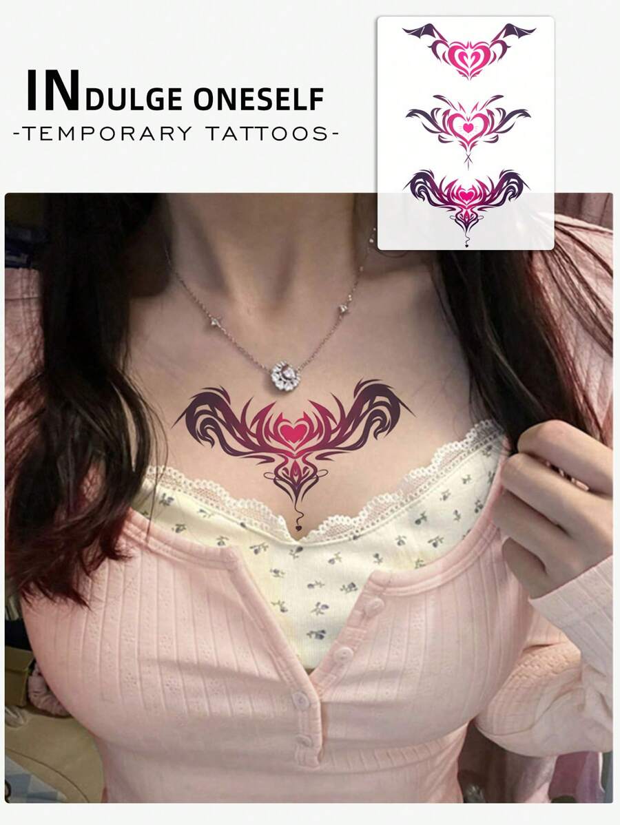 1 套 3 个魅魔临时纹身 - 鲜艳的彩色设计，适合时尚爱好者贴在腰部和腹部，半永久，临时，假纹身，逼真 - 玫紅色 - 查看 1