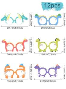 12 stuks cartoon dinosaurus feest papieren glazen decoraties, dinosaurus thema foto rekwisieten volwassen vakantie feestdecoratie, Happy Birthday decoratieve maskers voor mannen en vrouwen