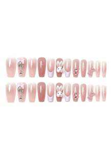 YTJ ¡Actualiza tu look de uñas postizas! 24 piezas de uñas postizas en forma de ataúd largas en un lindo moño rosa de conejo y un juego completo reutilizable de accesorios de diamantes, que incluye 1 botella de pegamento de gelatina y una lima de uñas, perfecto para fiestas, bailes y uso diario.