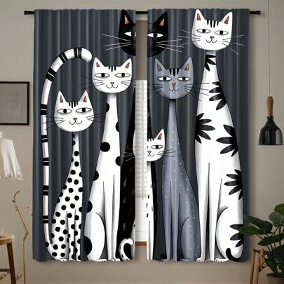 2 pièces Rideaux occultants avec imprimé abstrait de chat fantaisiste, 100% polyester avec oeillets, lavables en machine, ensemble de rideaux décoratifs pour fenêtre de chambre à coucher, thème animal mode tissé