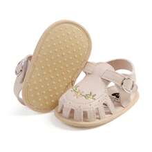 Baby Girl Sandals, PU Leather Non-Slip Embroidery Flower Summer Flats Toddler Shoes For Casual Daily - 米色 - 查看 7