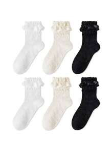 6 pares de calcetines de encaje finos de verano de color liso, calcetines de mujer de media caña simples