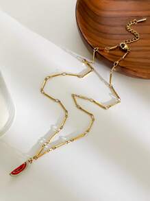 Monlansher 1 pezzo Collana da donna in acciaio inossidabile con pendente fatto a mano a goccia di smalto a forma di frutta, design alla moda, fresco e carino, stilosa e versatile per uso quotidiano