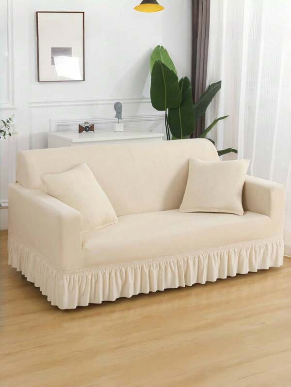 1pc Ruffled Sofa Cover, Solid Color Elastic Full-Cover Sofa Slipcover, Polyester Fiber All Season, Simple & Modern