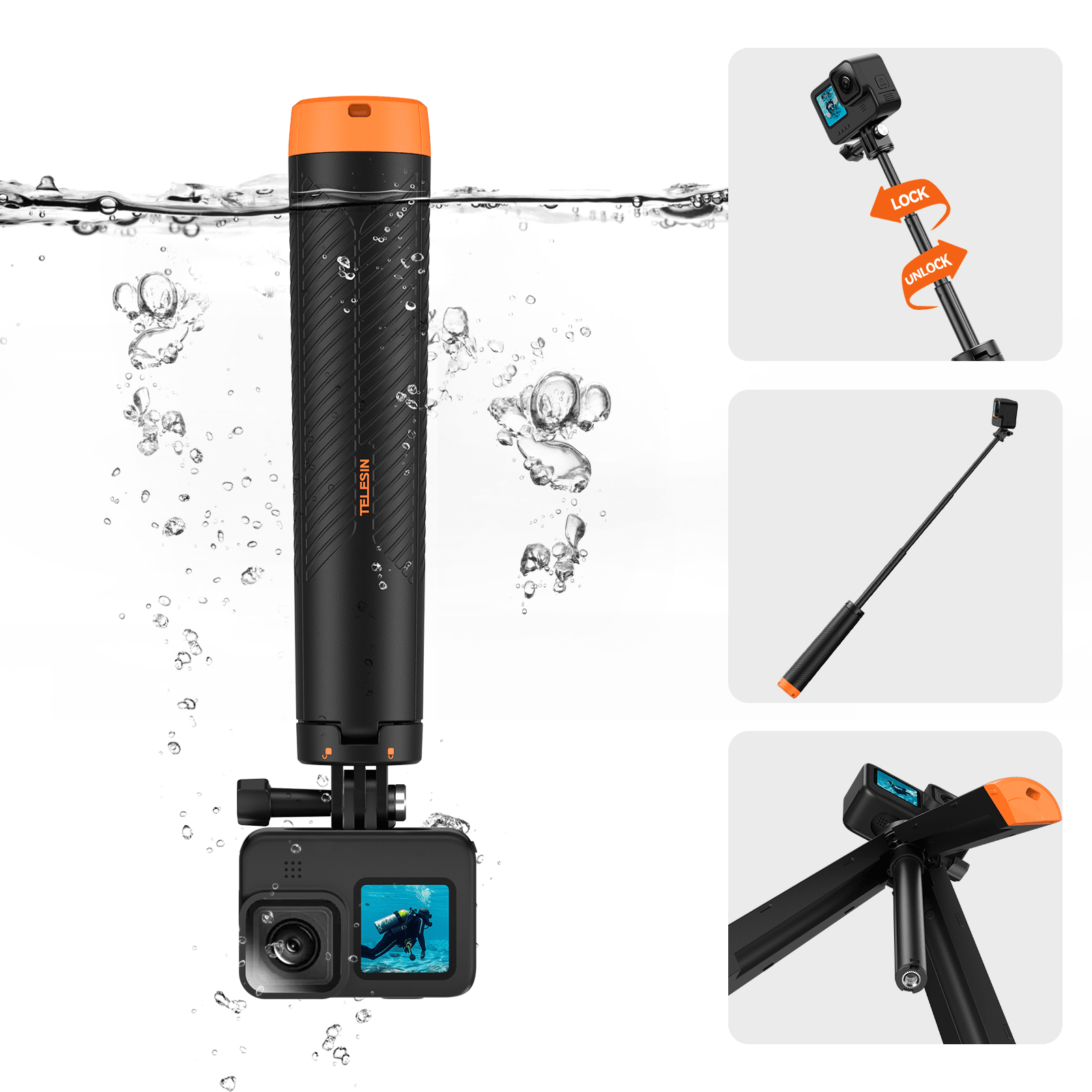 TELESIN 4 In 1 Selfie Stick Floating Hand Grip Tripod Waterproof Extendable Selfie Monopod For GoPro Hero 13, 12, 11, 10, 9, 8, DJI OSMO Action 5 Pro 4 Insta360 Ace Pro 2 And Most Action Camera