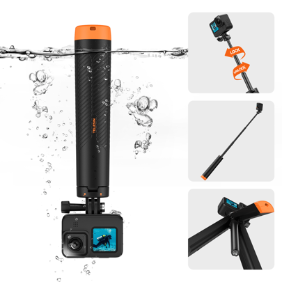 TELESIN 四合一自拍杆浮动手柄三脚架防水可伸缩自拍单脚架适用于 GoPro Hero 13、12、11、10、9、8、DJI OSMO Action 5 Pro 4 Insta360 Ace Pro 2 和大多数运动相机