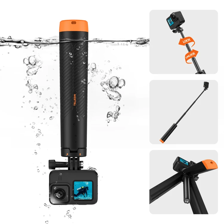 TELESIN 四合一自拍杆浮动手柄三脚架防水可伸缩自拍单脚架适用于 GoPro Hero 13、12、11、10、9、8、DJI OSMO Action 5 Pro 4 Insta360 Ace Pro 2 和大多数运动相机 - Black & Orange - 查看 1