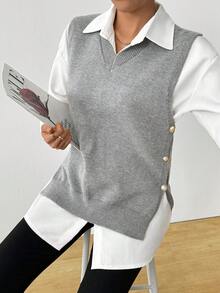 Pull sans manches en tricot casual à col en V unicolore, pour femmes. Printemps/Automne/Hiver - Gris pâle - Voir 6