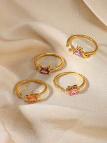 女士可爱耳朵、兔子和蝴蝶结不锈钢戒指，紫色方晶锆石 18K 镀金防褪色可调节戒指，魅力金首饰派对度假配饰，送给女儿/妈妈/最好的朋友的纪念礼物 - 不銹鋼 - 查看 4