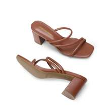 Women Minimalist Chunky Heeled Mule Sandals Multi Strap Square Toe Slip On Comfortable Summer Sandals - 棕色 - 查看 5